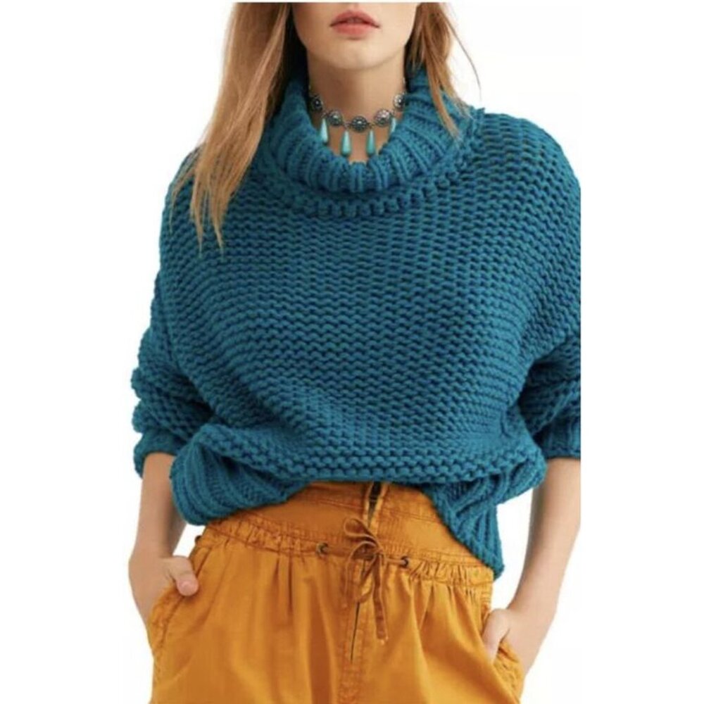 Free People My Only Sunshine Chunky Knit Sweater Teal Medium